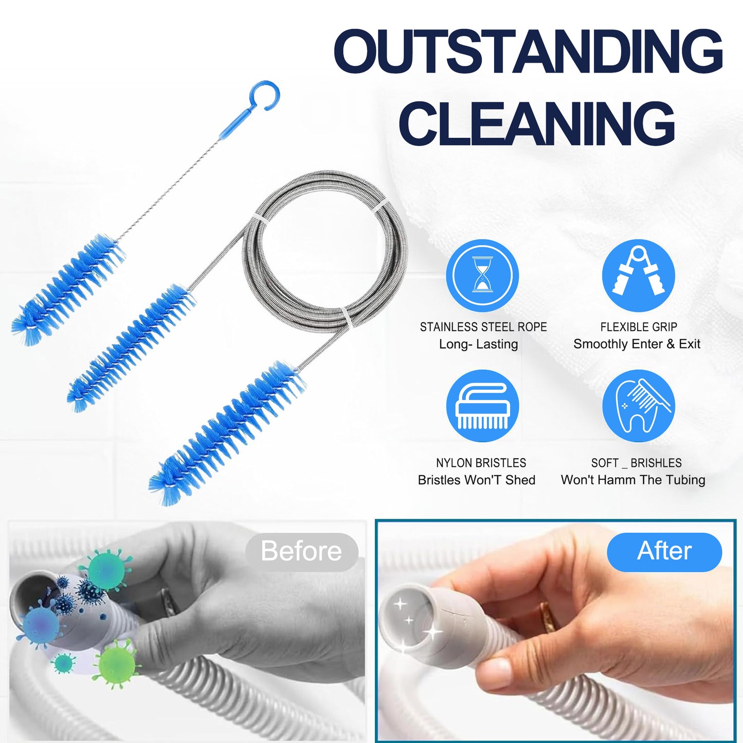Cleaning tool with blue bristles and stainless steel rope, showing cleaning before and after effects.
