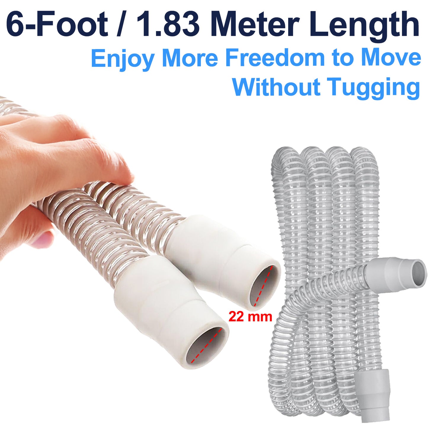 CPAP 6ft Universal Hose Tubing – 22mm Rubber Connectors, Flexible & Lightweight, Standard Fit